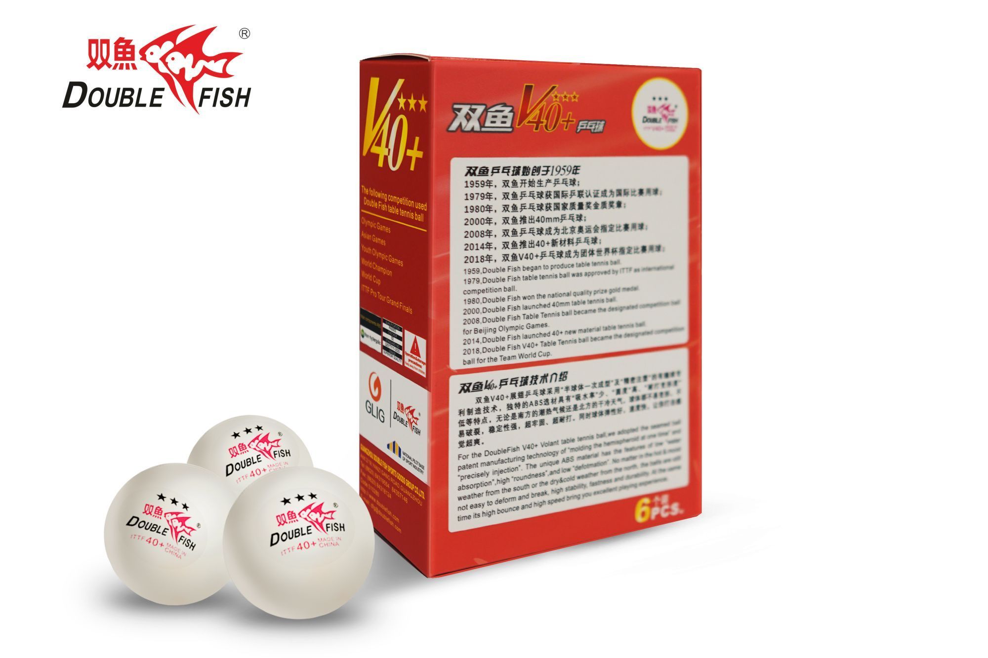 Мячи для н/т Double Fish 3* Volant (6 шт/упак.) р-р.40+